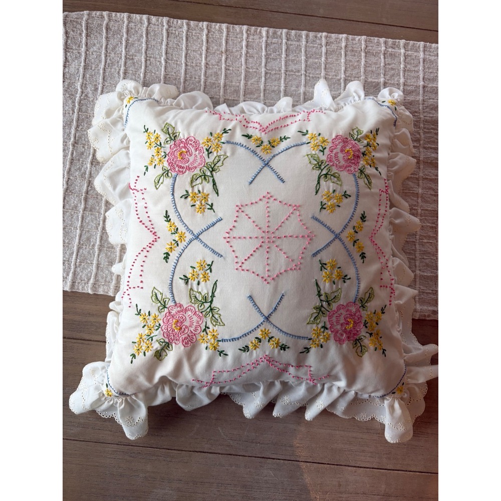 Vintage decorative embroidery throw pillow granny chic